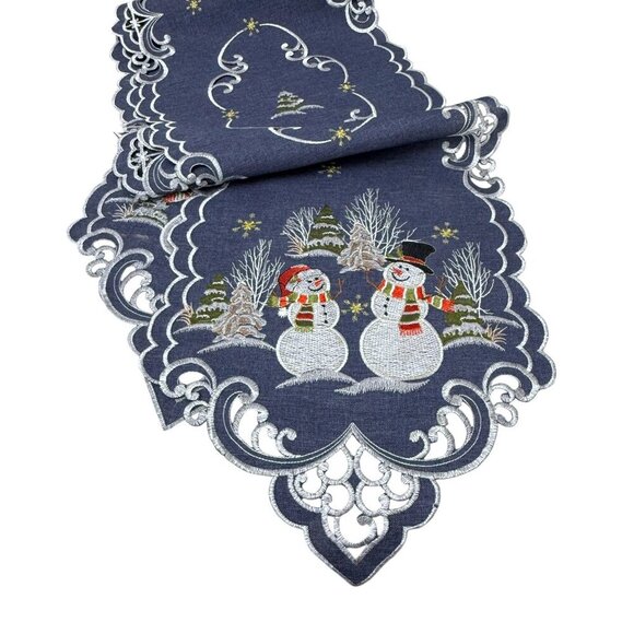 Christmas Table Runner Holiday Snowmen Blue 67" Long Embroidered - Picture 6 of 6